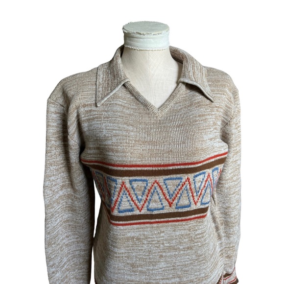 Vintage 70s Knit Space Dye Geometric Collared V-Neck Long Sleeve Brown Sweater - Picture 7 of 10